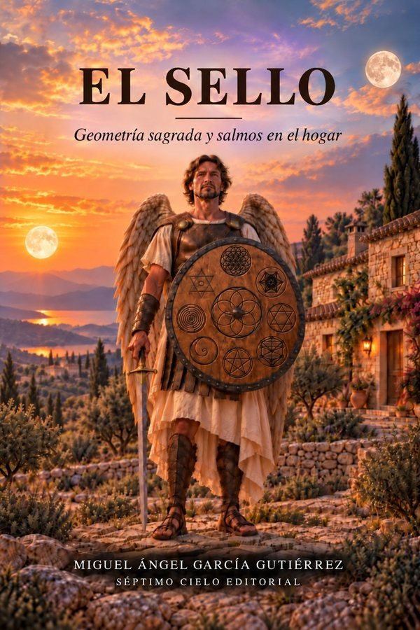 Portada del libro EL SELLO. Geometría sagrada y salmos en el hogar, de Miguel Ángel García Gutiérrez: un guardián alado con un escudo grabado con figuras de geometría sagrada, delante de una casa de piedra.