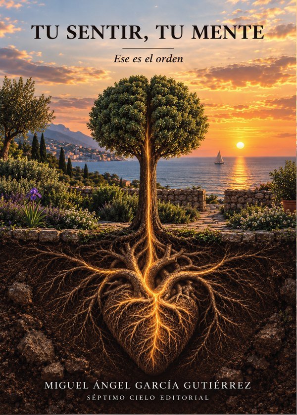 Coberta del llibre Tu sentir, tu mente. Ese es el orden, de Miguel Ángel García Gutiérrez: un arbre les arrels del qual formen un cor.