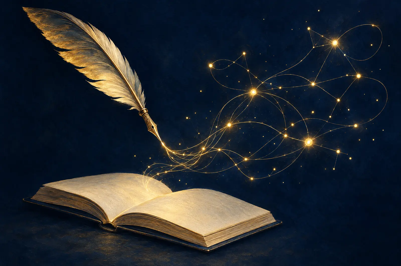 Pluma de escribir cuya tinta se convierte en hilos de luz dorada sobre un cuaderno abierto.
